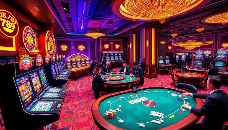 Players enjoying high-stakes gambling at vibrant OK789 slot machines in a luxury casino.