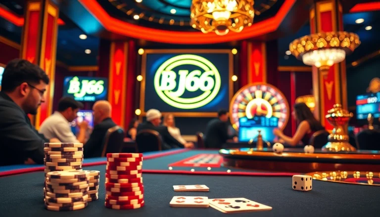 BJ66 logo shines above an elegant casino table with poker chips and cards.