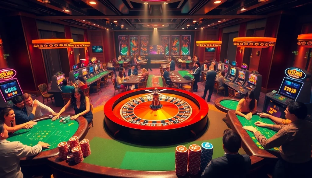 Engaged players enjoying a high-stakes game at QQ88's luxurious casino atmosphere