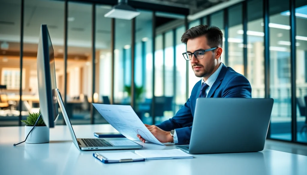 Headhunter IT reviewing resumes in a modern office with a focus on recruitment success.