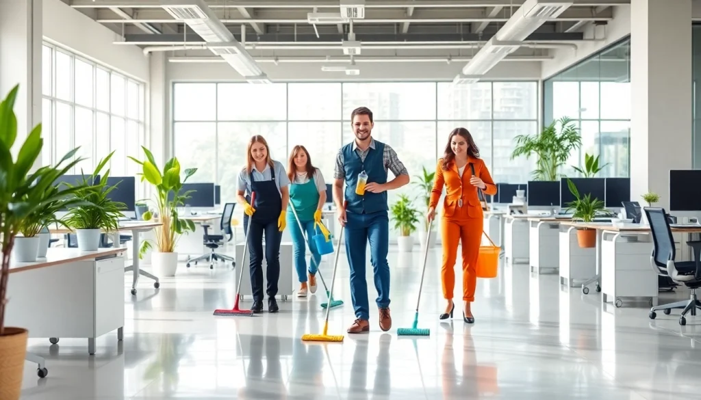Büroreinigung Berlin: Professionelle Reinigungskräfte arbeiten in einem modernen Büro.