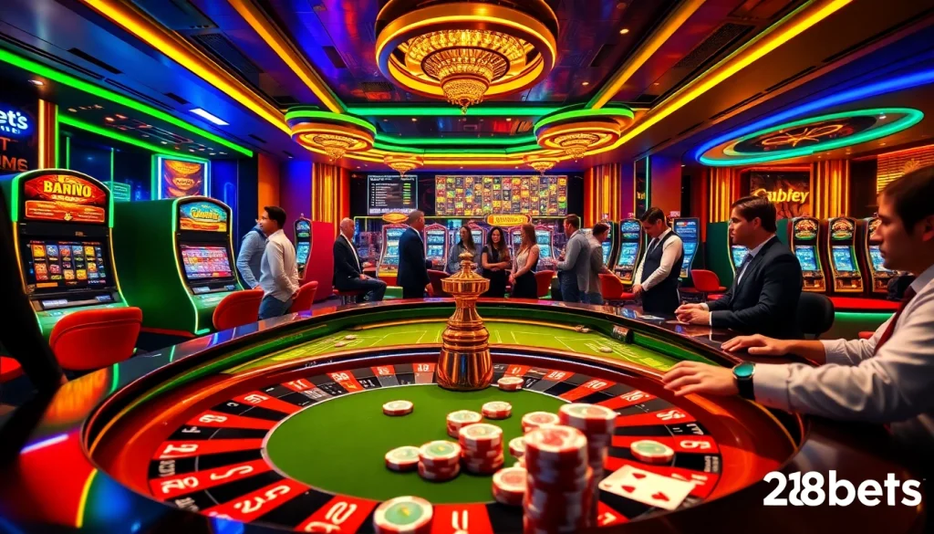 Players enjoying the excitement of games at 28bets casino, featuring vibrant roulette and slot machines.