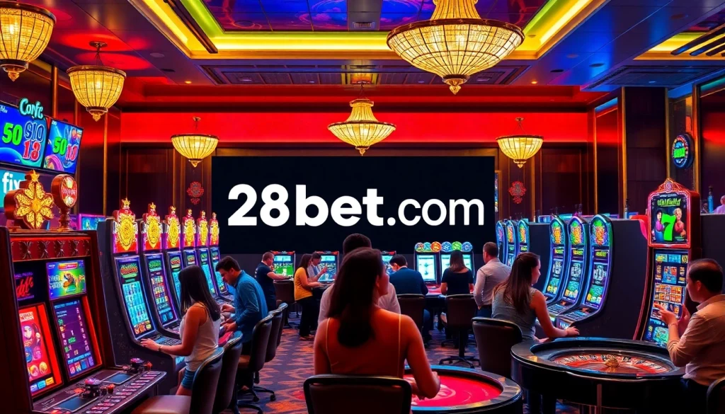 A vibrant casino scene featuring players at slot machines and poker tables, highlighting a digital display of 28bet com.