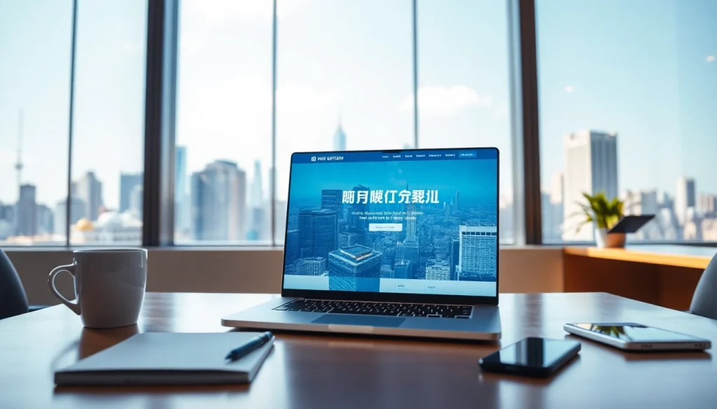 Modern office with a laptop displaying 快连官网, symbolizing global internet connectivity.
