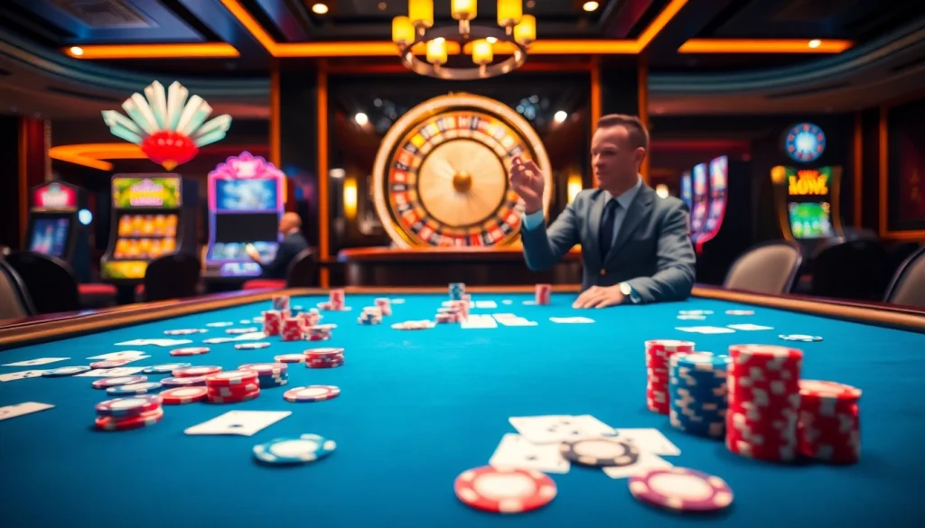 Experience the thrill at nhà cái S8 with a vibrant casino scene featuring poker chips and a roulette wheel.