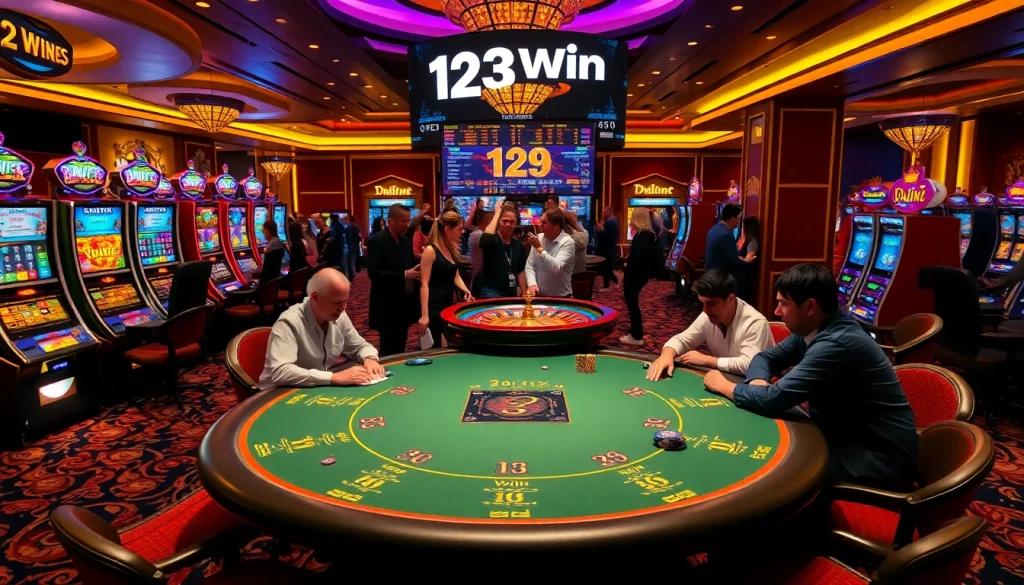 Players enjoying a thrilling game night at the 123Win casino, with poker and slot machines.
