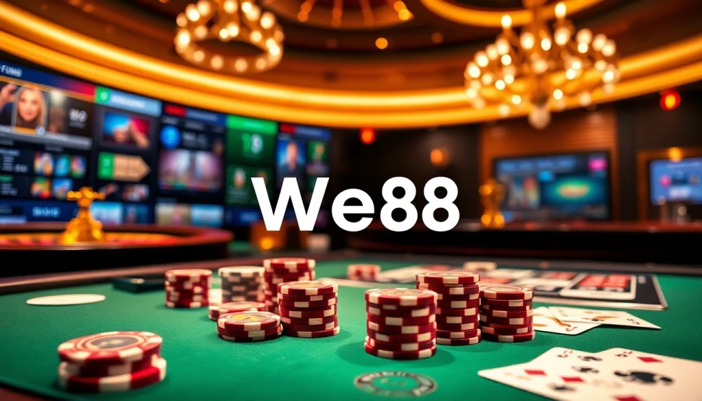 WE88 showcases an exciting online casino interface with vibrant poker chips and cards.