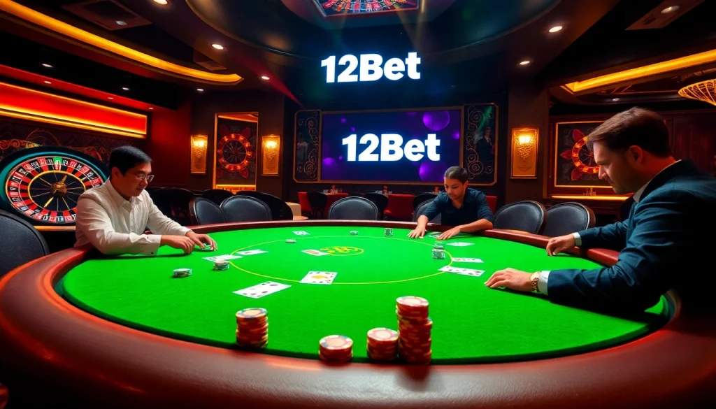 High-stakes poker table at a luxurious casino featuring 12Bet branding, poker chips, and a roulette wheel.