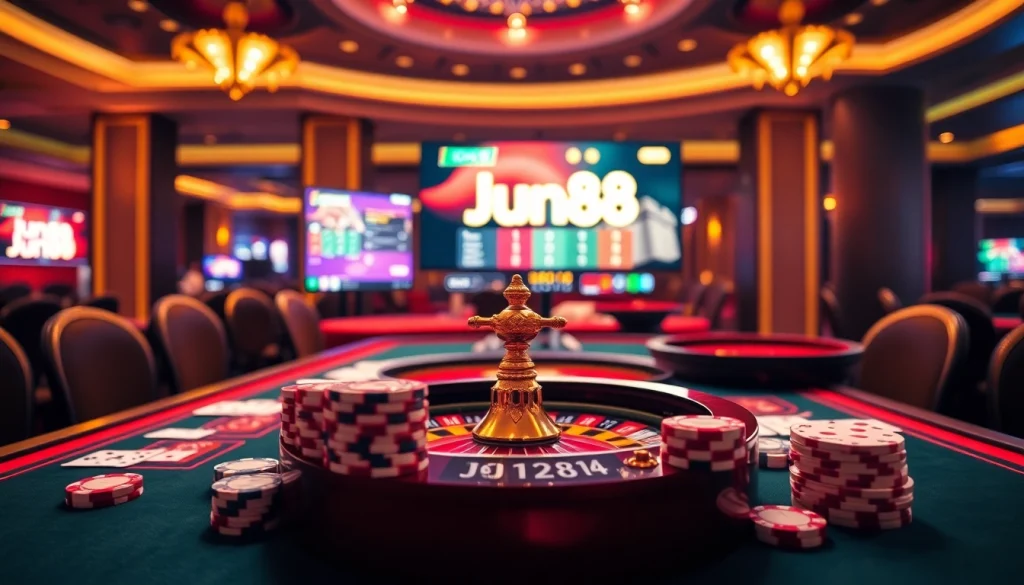 Jun88 players engaging in an exciting live dealer casino experience with vibrant gaming elements.