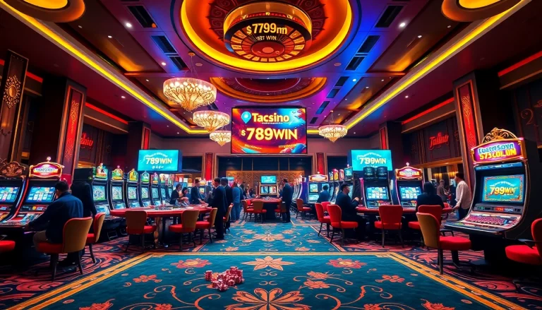Description of a bustling casino scene showcasing vibrant games and promotions at 789b.win, featuring tables, slots, and chips.