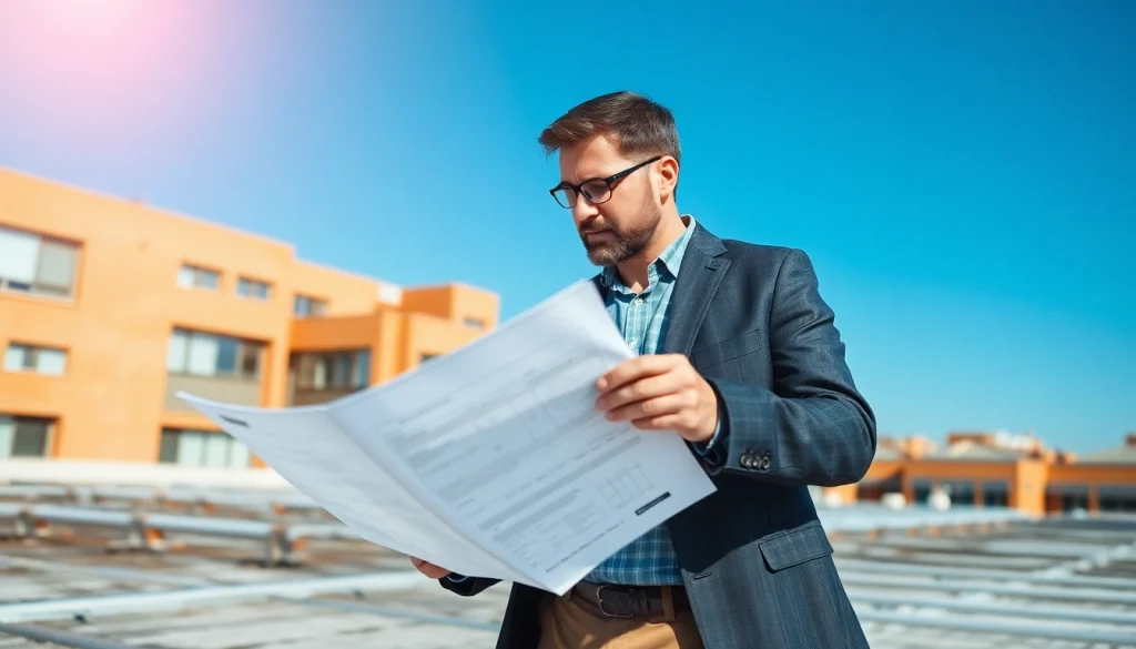 Flachdachsanierung Beratung durch einen Experten am Flachdach mit Planungsunterlagen