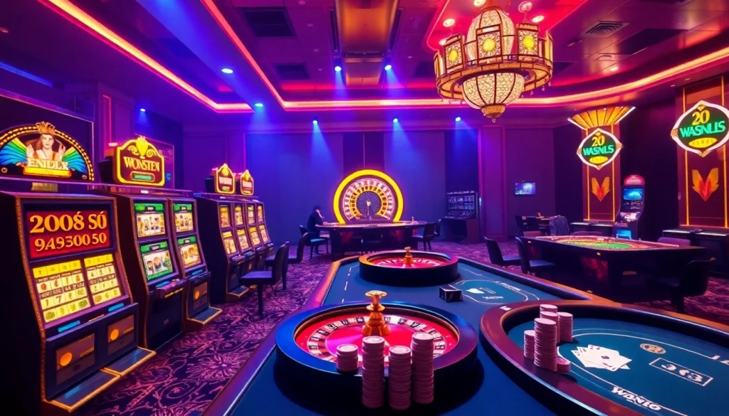 Engaging scene of Nhà cái XX88 with lively casino tables, slot machines, and vibrant atmosphere.