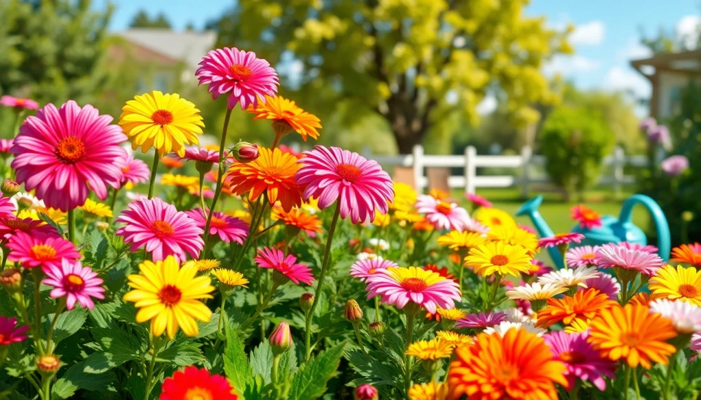 Gartenbau with vibrant flowers and gardening tools in a flourishing garden.