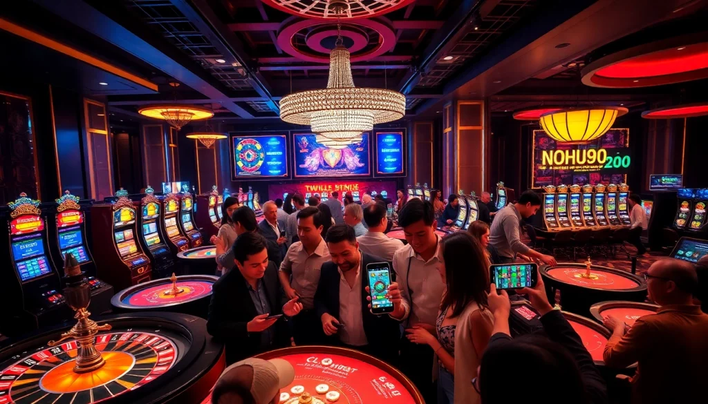 Exciting NOHU90 casino scene featuring vibrant roulette tables and joyful gamblers.