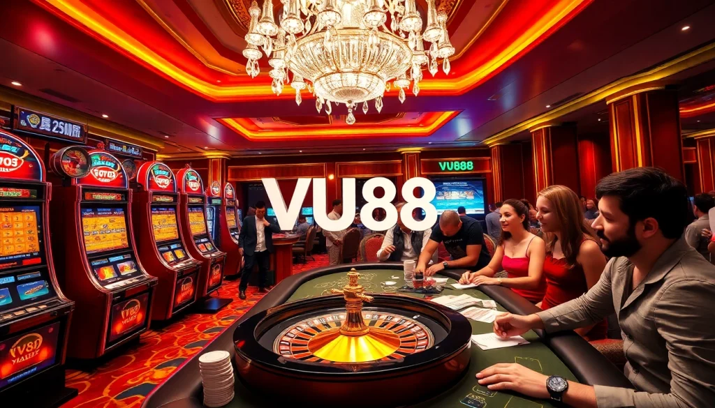 Experience the thrill of casino games at VU88 with a vibrant scene of players at the table.