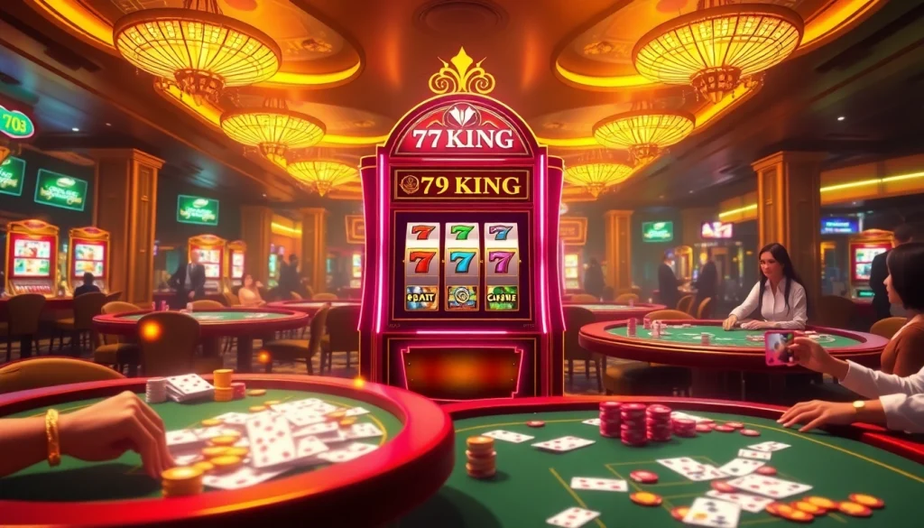 Experience the excitement of 79KING as players engage at a luxurious casino with vibrant slot machines and poker tables.