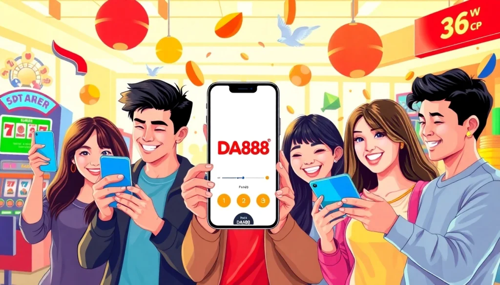 Engaging scene promoting Tải App Da88 with diverse users enjoying gaming on smartphones.