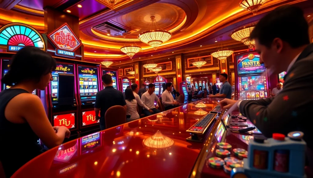 Players celebrating a win at the "nổ hũ" slot machine in a vibrant casino atmosphere.