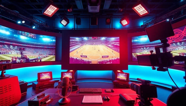 Sports Broadcasting studio showcasing advanced equipment and live event displays.