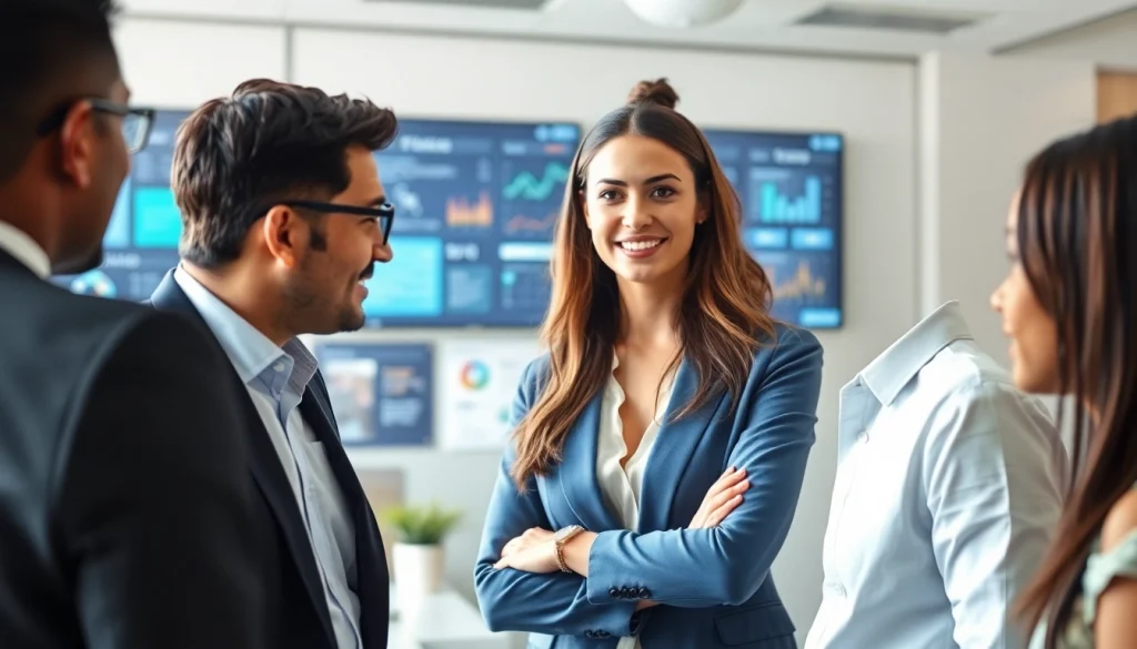 Headhunter IT interacting with job seekers in a modern office, showcasing professionalism and diversity.