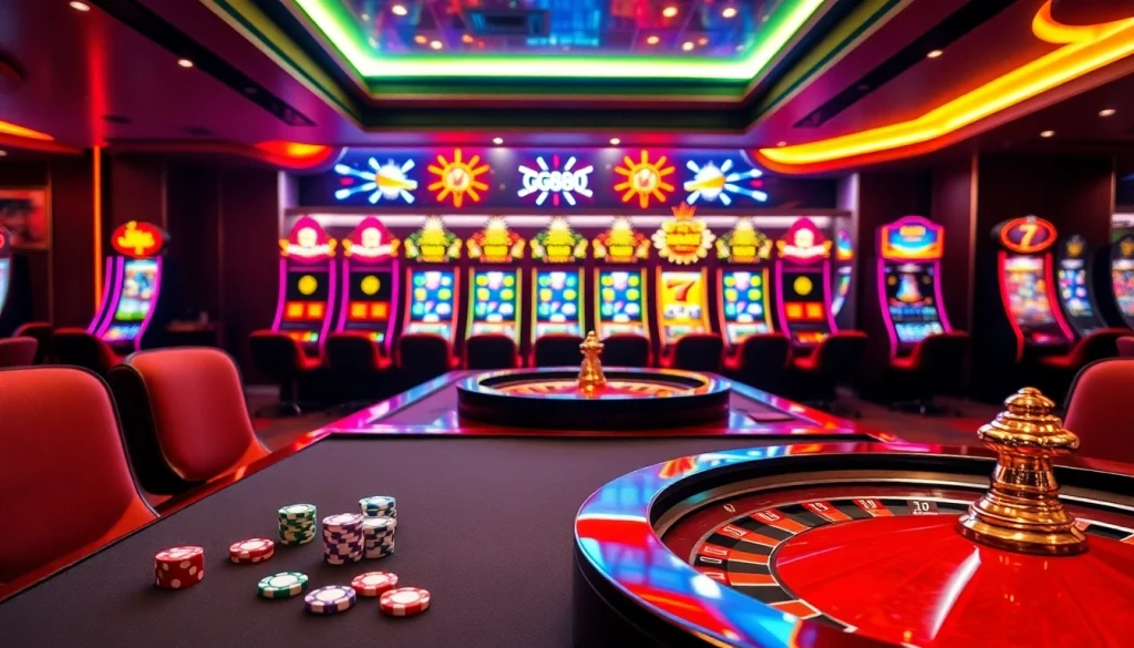 Experience a luxurious GG88 casino scene with vibrant gaming tables and exciting slot machines.