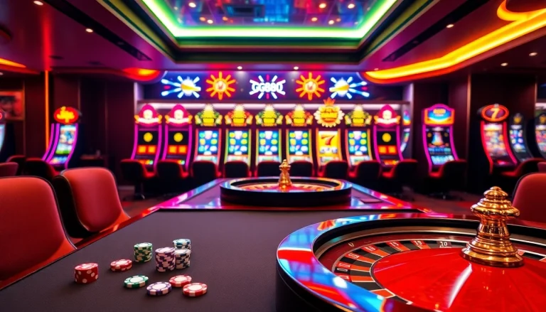 Experience a luxurious GG88 casino scene with vibrant gaming tables and exciting slot machines.
