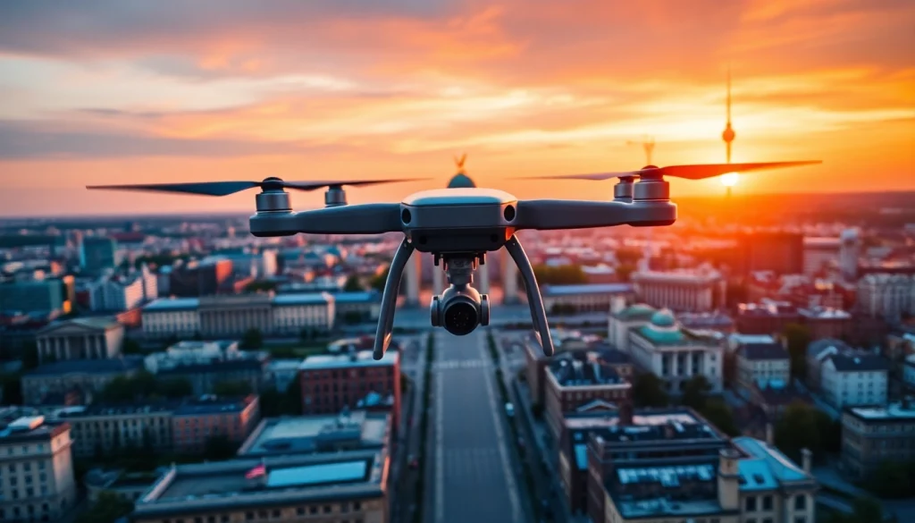 Drohnenaufnahmen Berlin, showcasing Berlin's iconic skyline during sunset with vibrant colors and a flying drone.