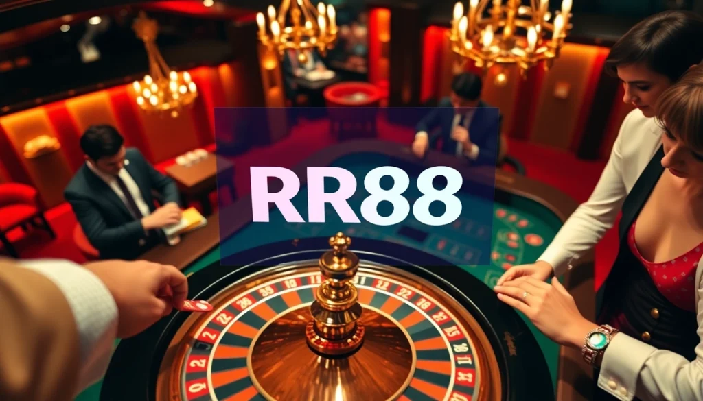Experience the thrills at RR88 with an immersive casino atmosphere featuring poker tables and roulette.