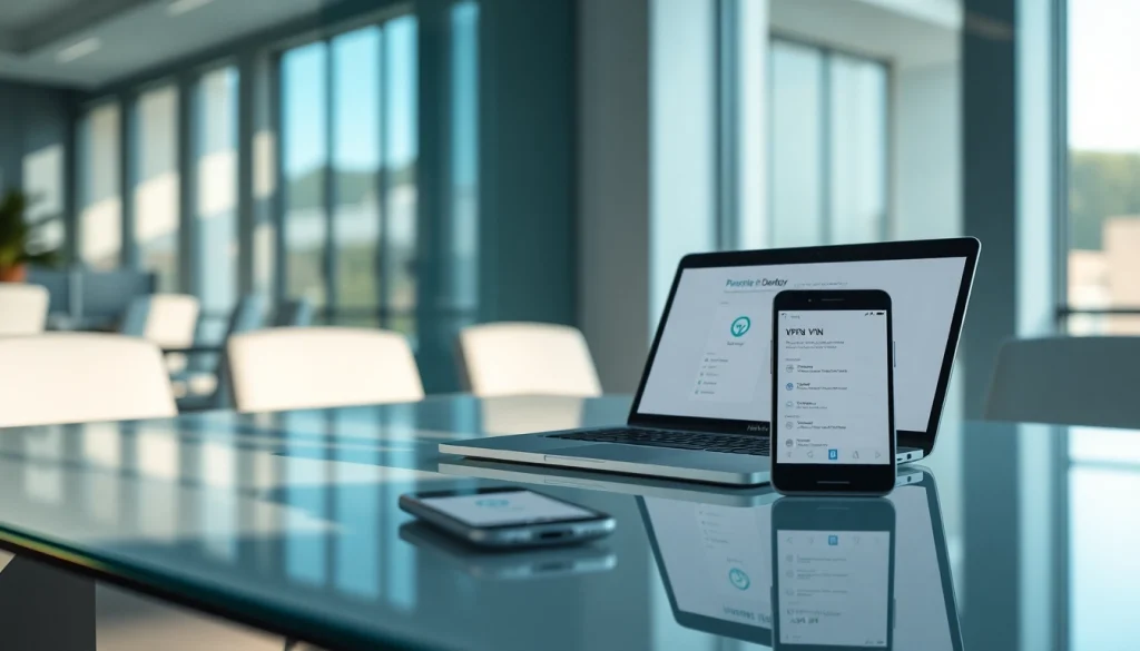 快连官网 displayed on modern devices in a professional office setting, showcasing seamless connectivity and user-friendly design.