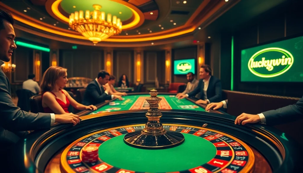 Exciting casino scene showcasing players at a roulette table while betting at https://luckywin.tech/.