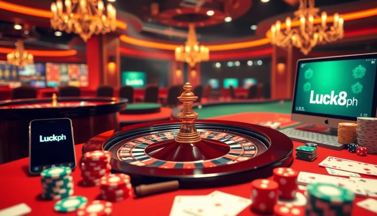 Experience the excitement of Luck8 ph with casino tables, roulette wheels, and vibrant gaming interfaces.