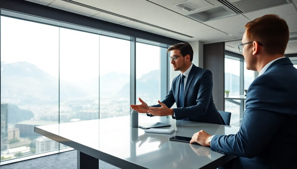 Headhunter Schweiz berät Kunden in modernem Büro mit atemberaubendem Blick auf die Alpen.