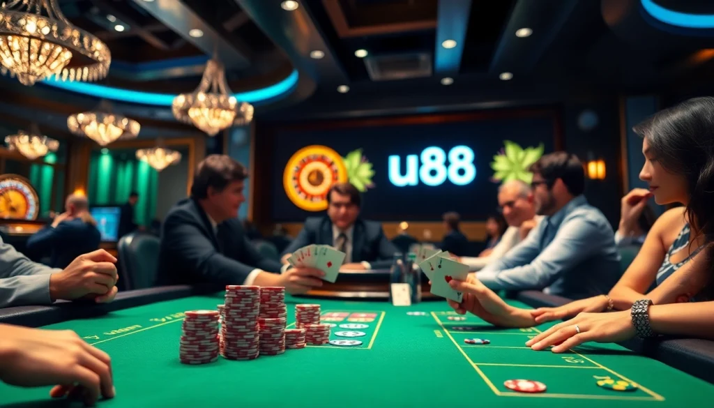 uu88 players enjoying a thrilling casino experience at a luxury poker table.