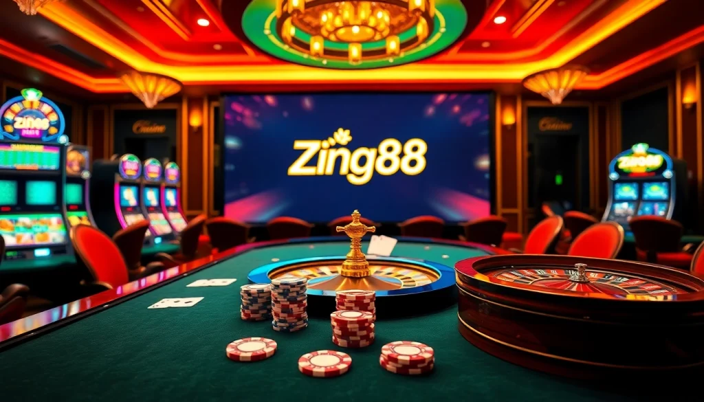 Zing88 players engaging with a luxurious casino atmosphere featuring vibrant slot machines and elegant poker tables.
