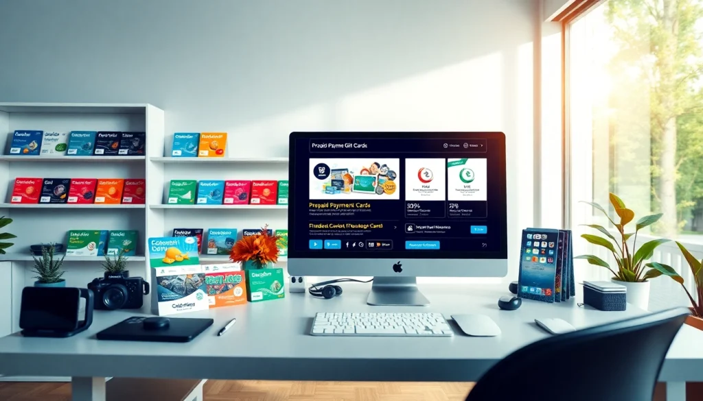 Digitaler Marktplatz mit Prepaid-Zahlungskarten und Website-Bewertungen.