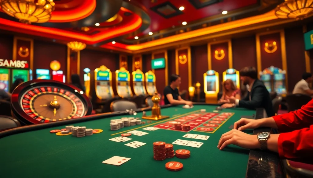 Players enjoying a thrilling game at HM88 casino table with cards and poker chips.