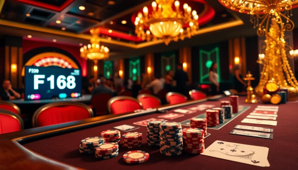 Players engaging in high-stakes poker at F168 casino, surrounded by luxury and excitement.