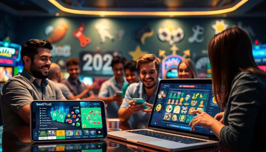 Dynamic online gambling scene showcasing bet789 with diverse players engaged in betting.