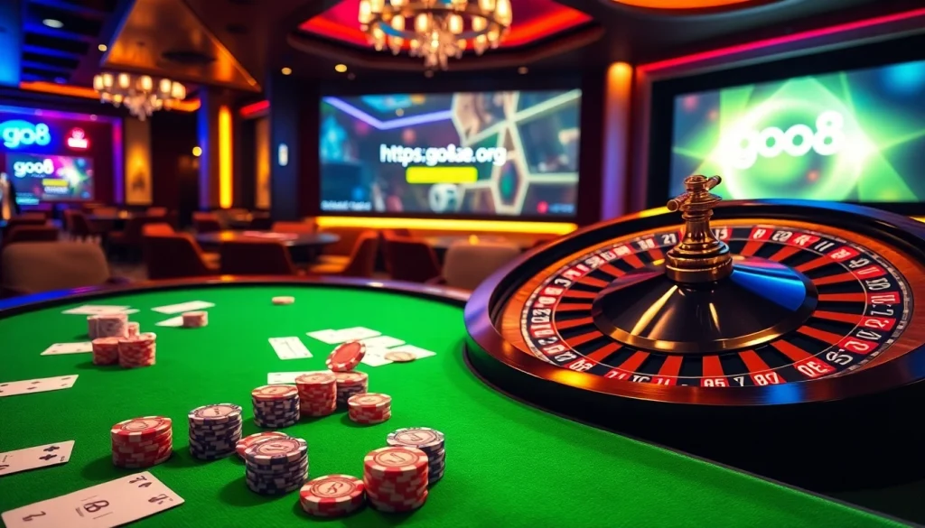 Experience thrilling action at https://go8.ae.org/ with vibrant casino games, poker chips, and roulette wheel.