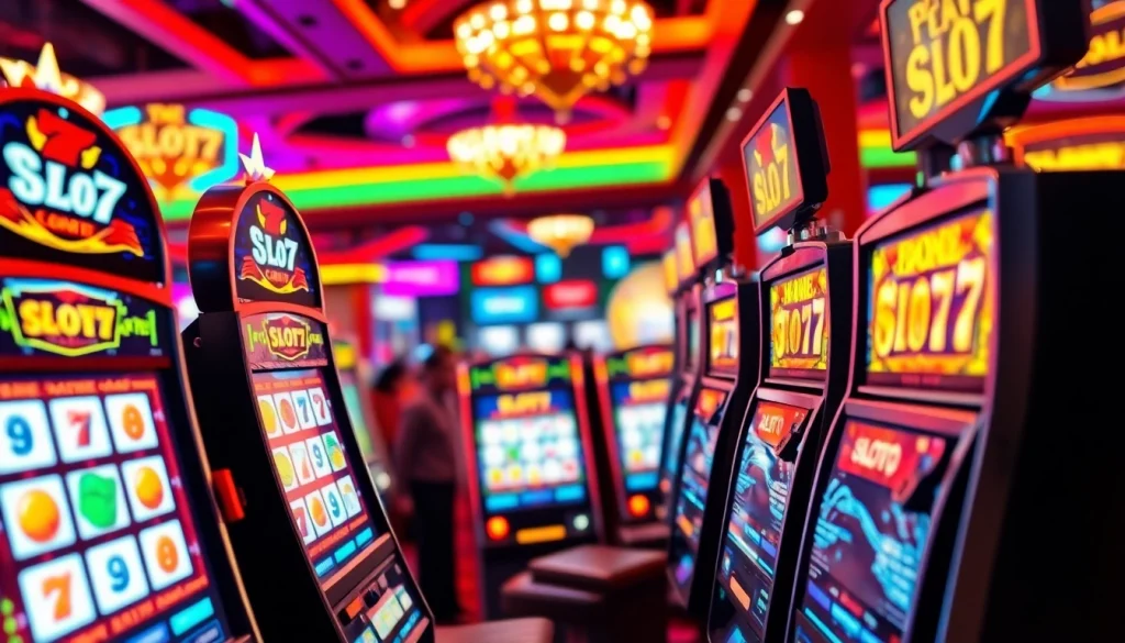 Main Slot77 gaming area with vibrant machines and players engaged.