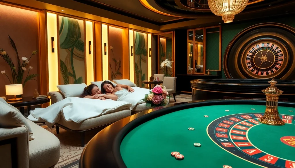 Spa Ads in a luxurious casino lounge blending relaxation with high-stakes gambling excitement.