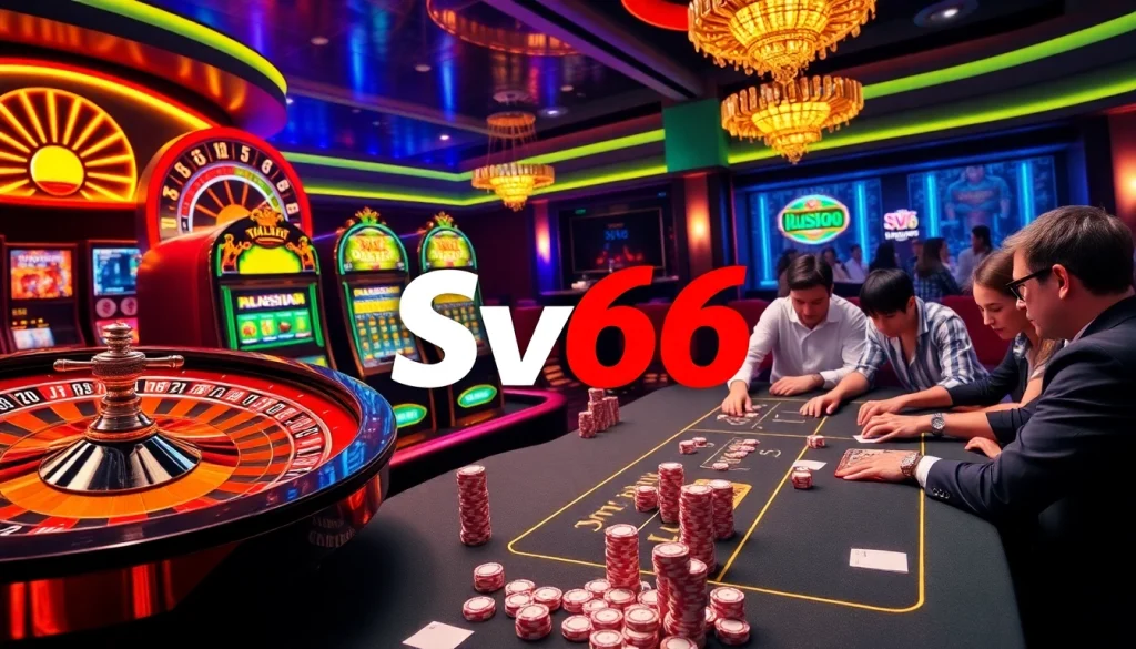 Sv66 players enjoying a vibrant casino atmosphere with roulette and slot machines.