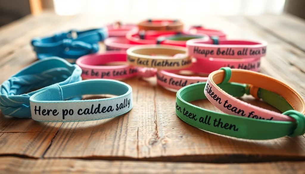 Lebendige, personalisierte Stoffarmbänder auf einem rustikalen Holztisch, mit individuellen Designs und Farben.