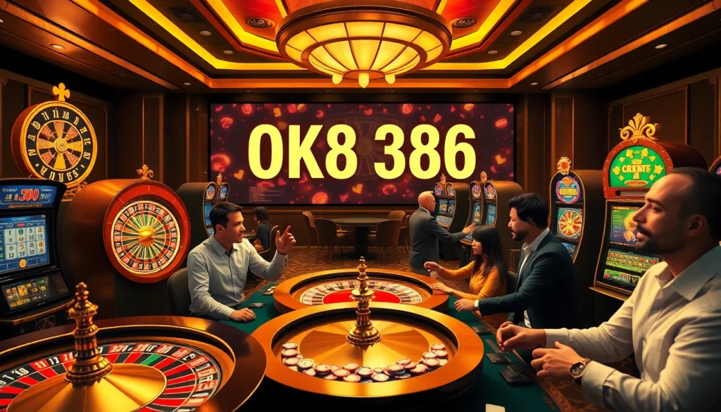 Experience the excitement of OK8386 with vibrant casino visuals showcasing online games and players.