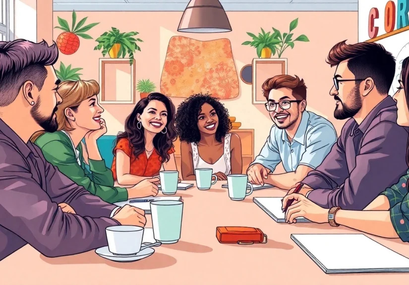 Diskutieren von Themen zum diskutieren an einem bunten Tisch mit aktiven Teilnehmern.