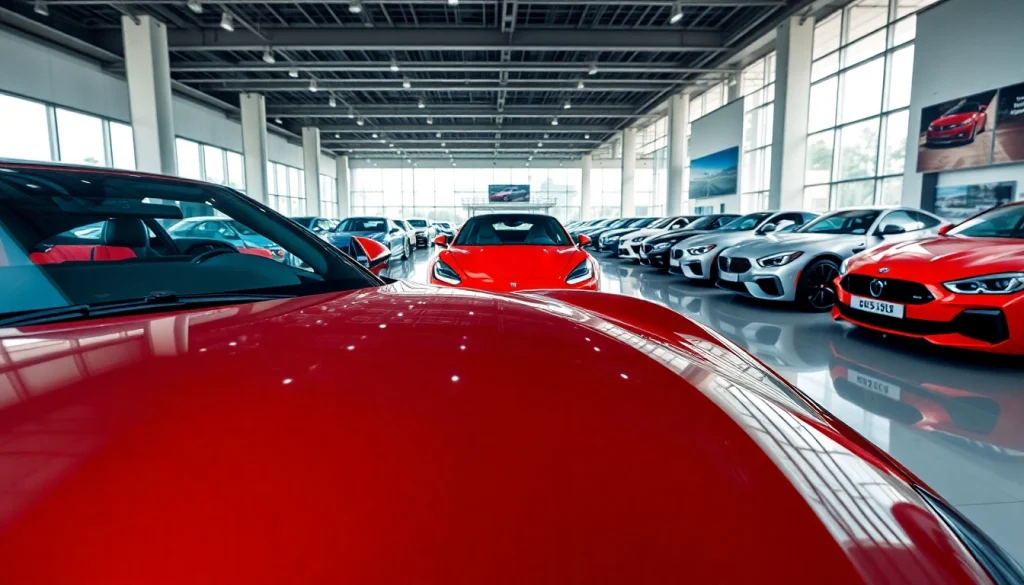 Auto kaufen: Elegante Luxusautos in modernem Showroom, energische Atmosphäre.