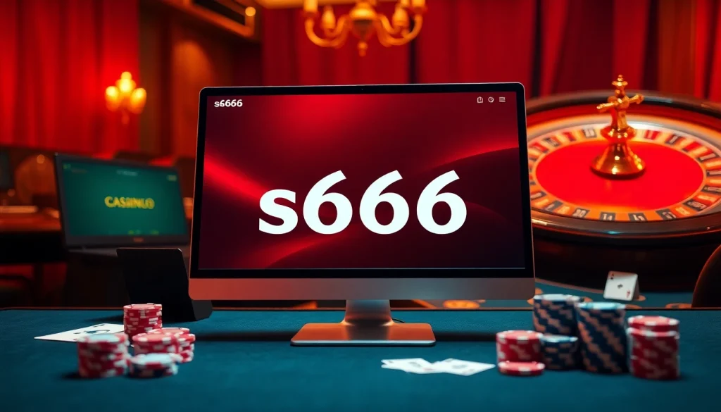 Engaging scene of online gambling with s666 displayed on a computer, showcasing poker chips and cards.