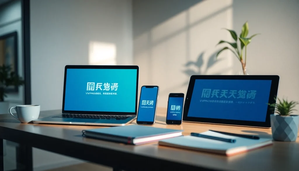 在现代工作区的笔记本电脑、智能手机和平板电脑上显示的快连下载界面。