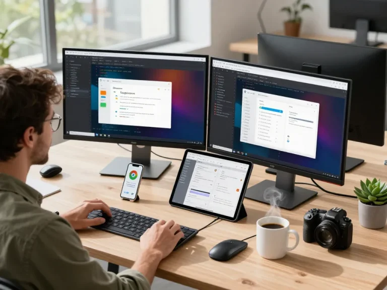 Developer enhancing 谷歌浏览器 features in a modern office workspace
