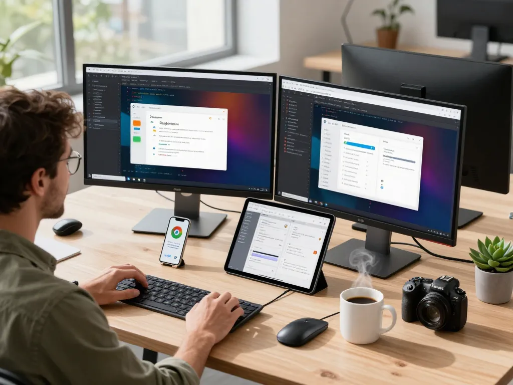 Developer enhancing 谷歌浏览器 features in a modern office workspace